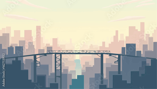 City Skyline Silhouette with Bridge Overcast Urban Landscape in Soft Pastel Colors