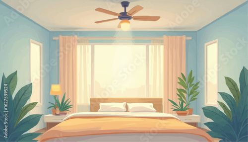 Bright Modern Bedroom with Large Window and Ceiling Fan in Soft Natural Light