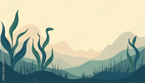 Stylized Nature Landscape Illustration with Mountains and Vegetation in Soft Pastel Colors