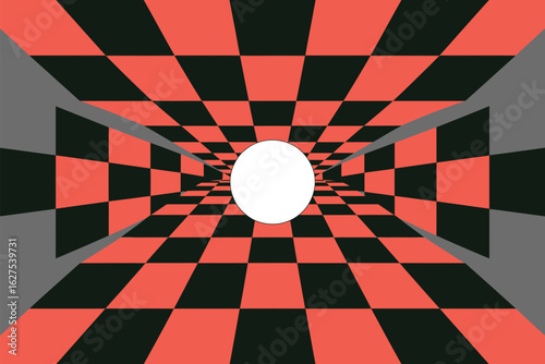 A checkered tunnel with red and black squares receding into the distance with a white circle in the center