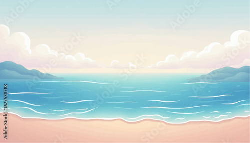 Serene Beach Scene with Calm Blue Ocean and Soft Pink Sand Under Bright Sky