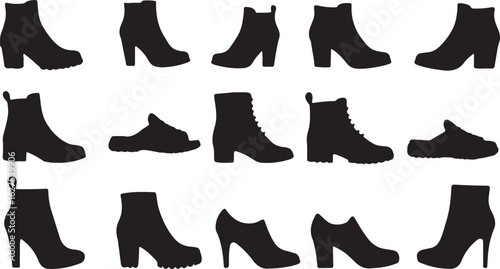 Assortment of Black Shoe Silhouettes on White Background footwear boot