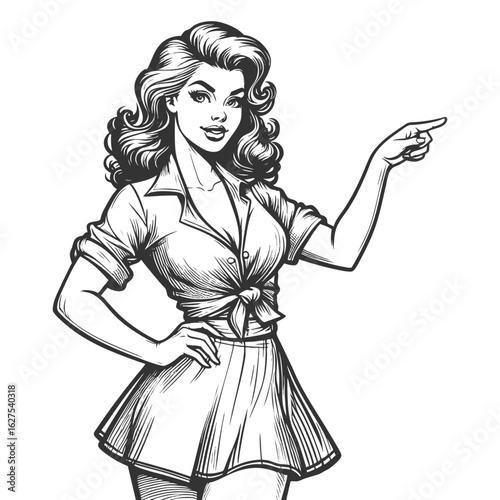 confident woman with voluminous hair pointing sideways, ideal for directing attention in designs sketch engraving generative ai fictional character vector illustration. Scratch board. Black and white.