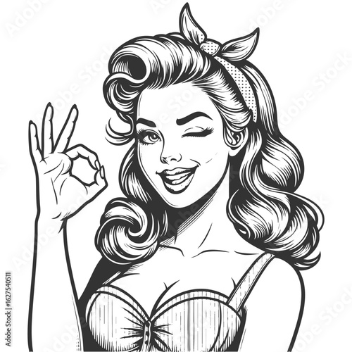 smiling woman winking and making an OK sign sketch engraving generative ai fictional character vector illustration. Scratch board imitation. Black and white image.