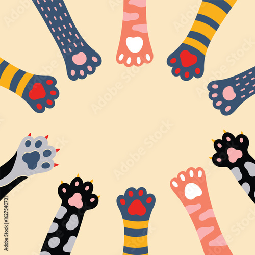Cute cat paw frameVector illustration. Cute poster. Copy space.