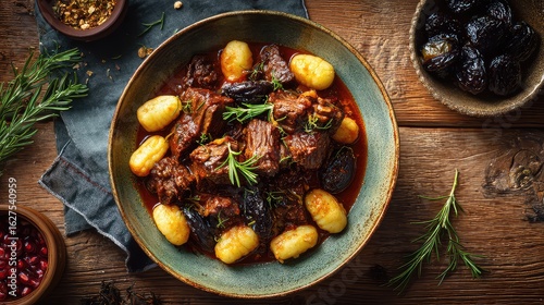 Fototapeta Naklejka Na Ścianę i Meble -  Traditional Croatian Pašticada Dish with Slow Cooked Beef in Rich Pomegranate and Tomato Sauce