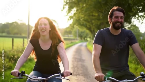 Young Couple Riding Bicycles Through Countryside