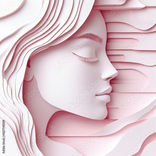 Elegant feminine portrait in pastel pinks, stylized in layered paper art technique. Vector illustration