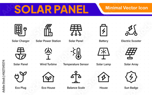 Solar panel color icon set with sun power photovoltaic (PV) home system and renewable electric energy technology glyph symbols: off the grid (OTG), inverter, charge controller, battery, meter.