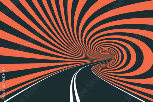 A road disappearing into a swirling tunnel of orange and black stripes with white road markings