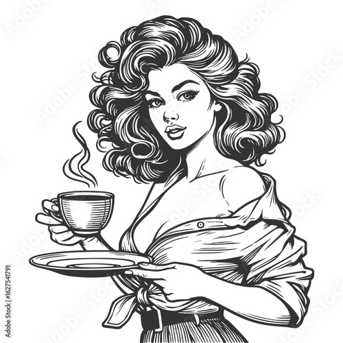 pinup-style woman with voluminous hair, holding a steaming coffee cup and saucer confidently sketch engraving generative ai fictional character vector illustration. Scratch board. Black and white.