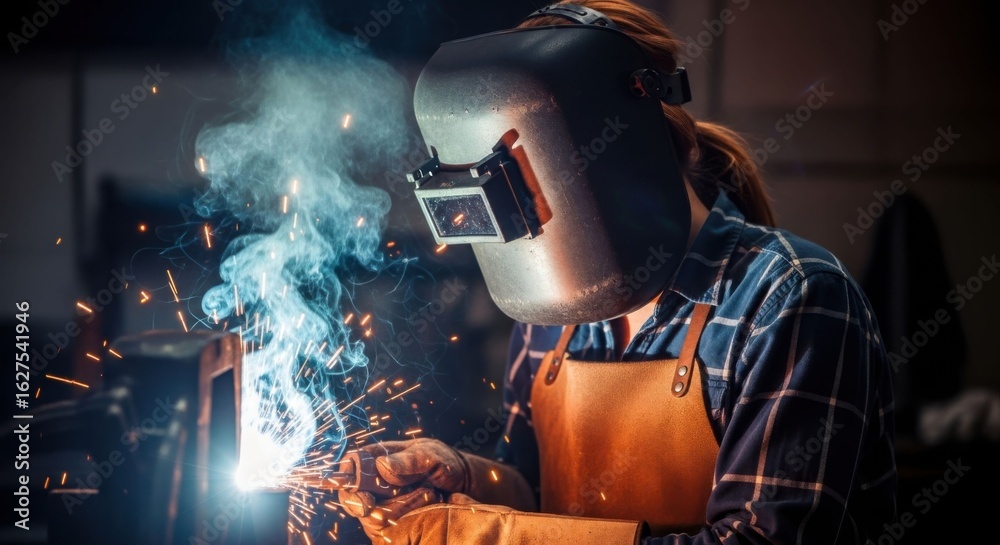 Woman welder at work in factory, sparks and smoke during welding. Blue collar industrial worker. Handcraft and heavy metal fabrication. Woman welder at work in factory, sparks and smoke during welding. Blue collar industrial worker. Handcraft and heavy metal fabrication.