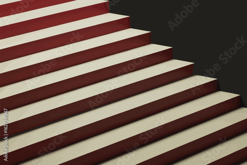 A set of stairs with red treads and light cream risers against a dark gray wall in a diagonal view