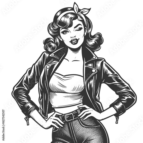 pinup woman winking confidently, wearing a leather jacket and high-waisted pants sketch engraving generative ai fictional character vector illustration. Scratch board imitation. Black and white image.