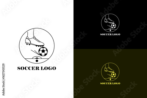 illustration of boot about to strike a ball on penalty spot, vector logo for soccer team emblem, football team badge, football tournament, professional football, and more