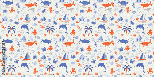 Seamless summer pattern with fish, sea waves, seashell, seaweed, crab, leaves, star Background bright, naive in minimalist style. for print, paper, business idea, banner, social media. art vector