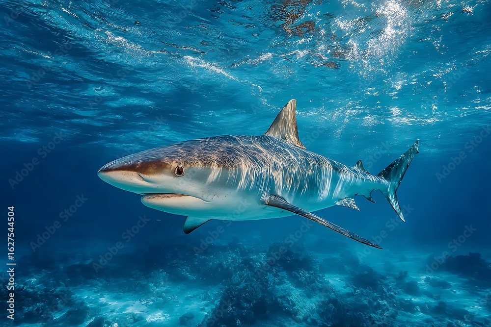 Naklejka premium Tiger Shark Swimming Over Coral Reef Underwater Ocean Scene