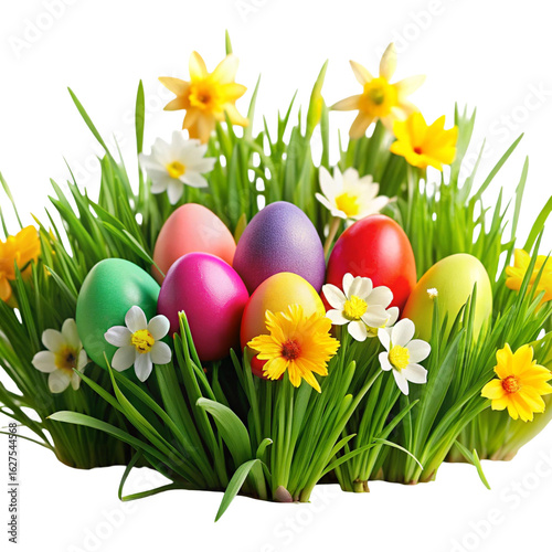 Festive Easter eggs in green grass with spring flowers
