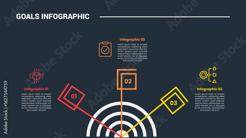 Goals target infographic process diagram with half circle and flag style icon with dark background bright outline style and 3 points