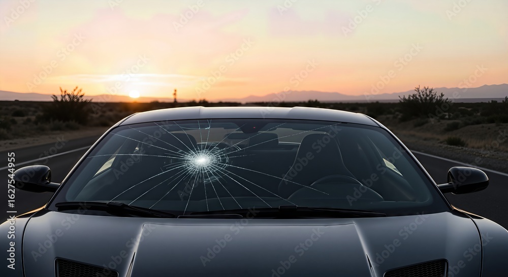 Obraz premium A damaged car windshield with a crack from a road accident on a desert road at sunset. Vehicle recovery and roadside assistance service concept.