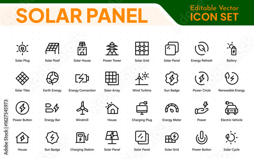Solar panel color icon set with sun power photovoltaic (PV) home system and renewable electric energy technology glyph symbols: off the grid (OTG), inverter, charge controller, battery, meter.