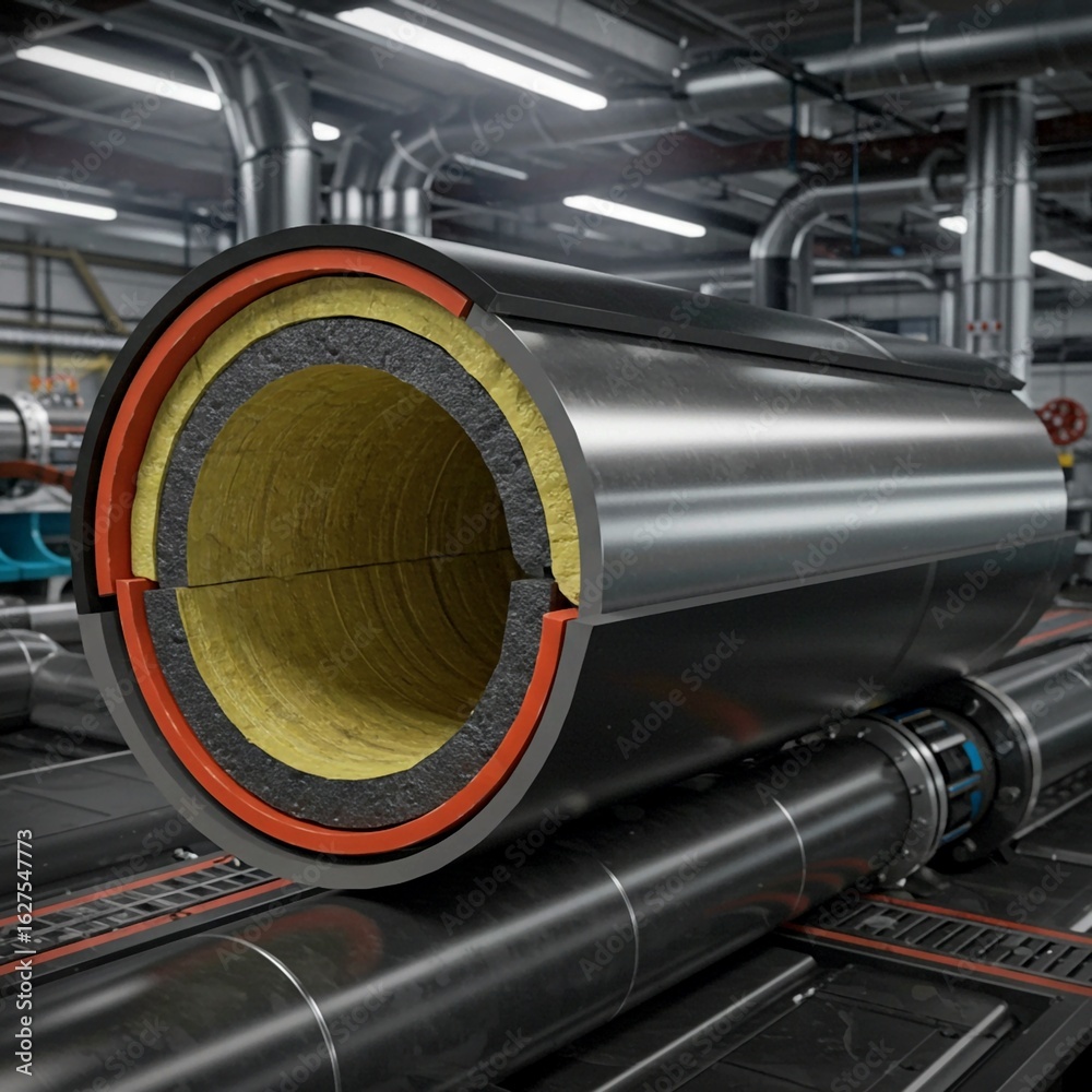 Obraz premium pipes and valves, Close-up view of industrial pipes with high-quality thermal insulation, showcasing intricate details and textures
