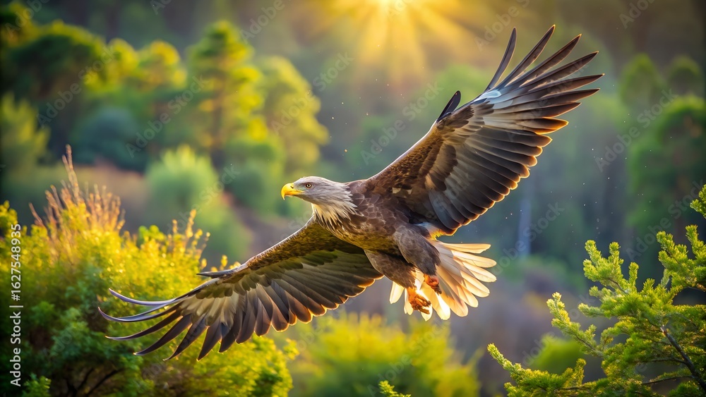 Obraz premium Majestic White-Tailed Eagle in Flight, Golden Hour Sunlight, Lush Green Forest Background