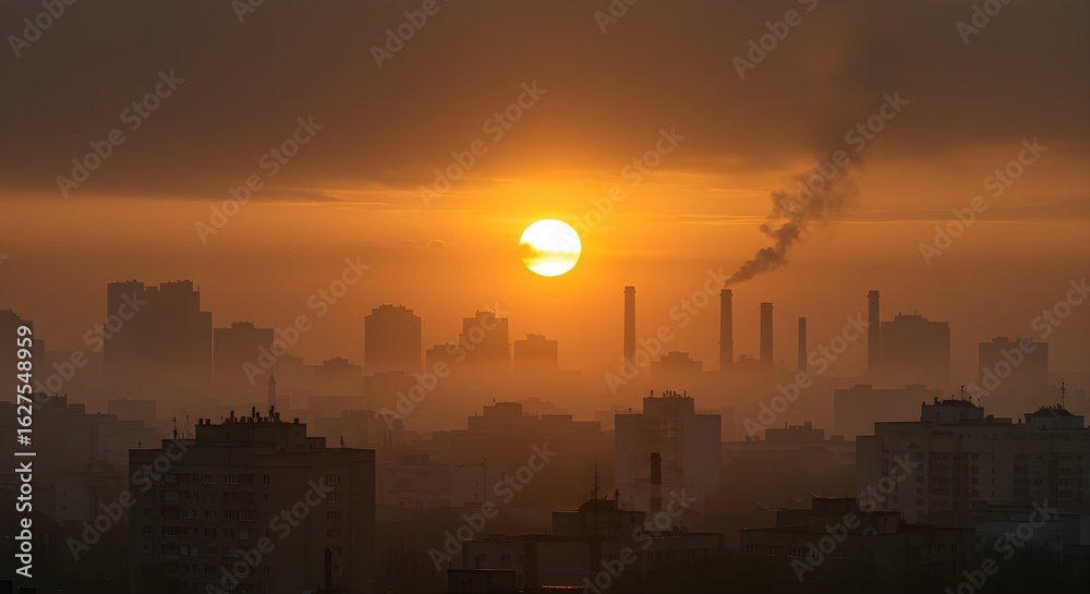Cityscape at Sunset with Industrial Pollution and Haze, Environmental Concern Cityscape at Sunset with Industrial Pollution and Haze, Environmental Concern