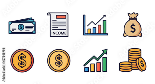 Financial icons with money income charts and coins isolated on white