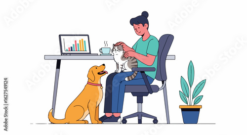 Relaxed work from home vibe with golden retriever, purring cat, and a cozy office setting promoting calm productivity and lifestyle harmony