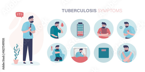 Sick man with chest pain, Tuberculosis symptoms, infographic. Set of pictograms and signs. Fever, chills, poor appetite, weight loss, coughing up blood. Sickness lungs