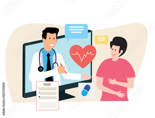 online doctor gastroenterologist consulting patient stomach ache gastritis online diagnostic medical application clinic consultation laptop zoom medical hospital illustration