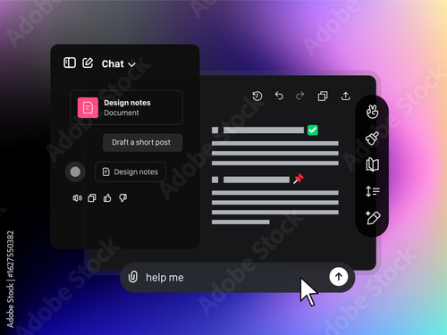 Separate window, allowing you and Ai Chat to collaborate on a project. Tool for help with writing and code. Web browser with Artificial intelligence chatting text on screen. Vector illustration