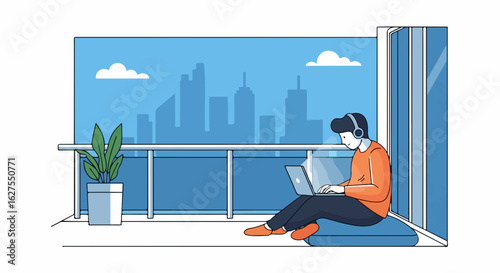 Young man working remotely with laptop and headphones in modern apartment overlooking city skyline, enjoying flexible work lifestyle and peaceful environment