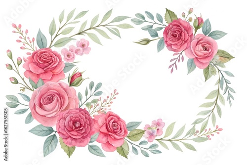 Watercolor pink roses and leaves oval frame isolated on white background