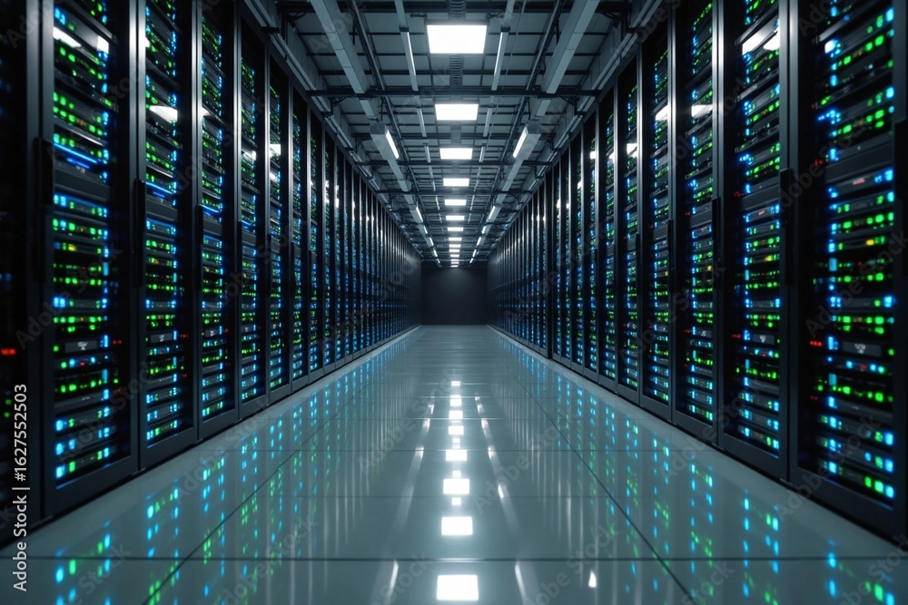 Fototapeta premium Modern Data Center: Server Racks with Blinking LED Lights in Aisle