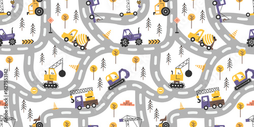 Seamless pattern with cute construction vehicles on winding roads. Fun background with trucks, tractors, excavators and trees. 