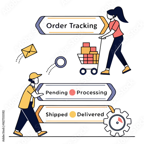 Illustration of order tracking with a woman pushing a cart, a man, and status indicators for delivery progress