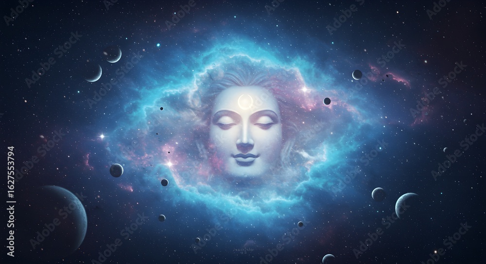 Obraz premium Serene Buddha Face in Cosmic Nebula, Meditation and Spirituality Concept