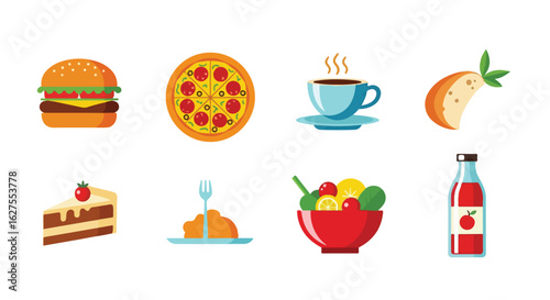 Food items illustration hamburger pizza coffee cake pasta salad juice