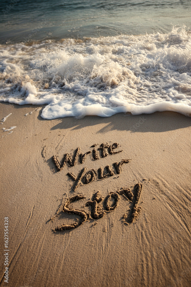 Fototapeta premium Golden Beach Scene with Write Your Story in Sand and Minimalist One-Line Book Drawing Near Gentle Ocean Wave Foam, Vertical with Copy Space