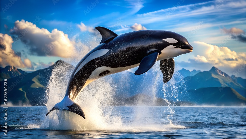 Fototapeta premium Majestic Orca Whale Breaching; Dramatic Ocean Sunset; Powerful Wildlife Image.