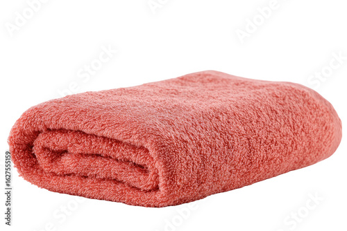Folded, coral-colored, plush towel.  Soft, textured, absorbent.  Folded in a simple, oblong shape.  Studio shot, isolated background