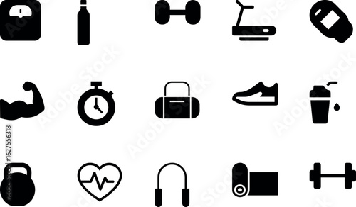 Fitness and gym black icon set with dumbbell, treadmill, kettlebell, stopwatch, arm, scale, shoe, bag, tracker, jump rope and more