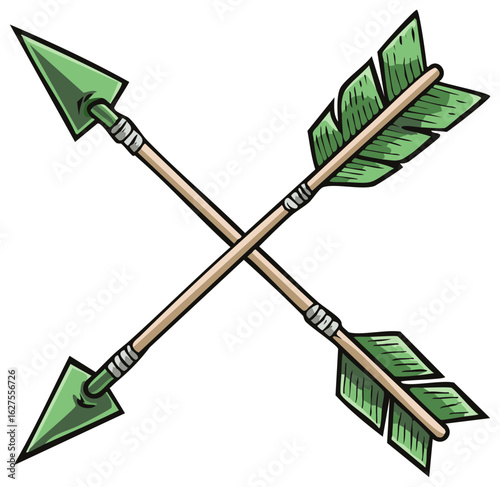 Crossed Green Arrows with Feather Fletching and Arrowheads - Vector Illustration