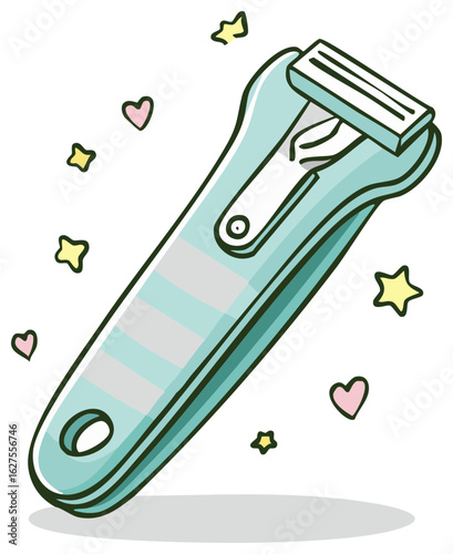 Cute cartoon style nail clipper grooming tool illustration with hearts and stars