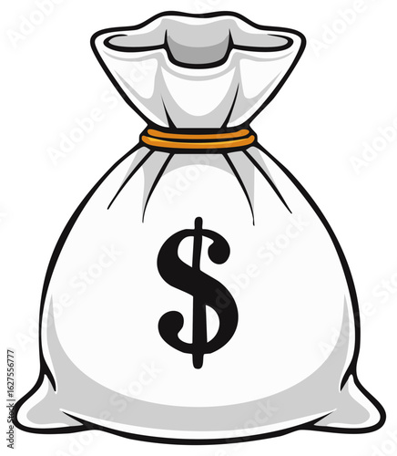 Cartoon illustration of a white money bag with a large dollar symbol on a white background