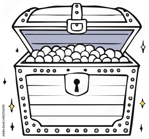 Open pirate treasure chest overflowing with gold coins and sparkling embellishments