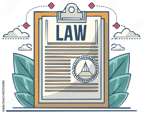 Legal document on clipboard with 'LAW' text and ornamental seal amidst clouds and leaves