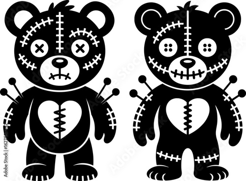 Stitched-up voodoo bear with button eyes and floating pins, perfect for gothic art, tattoo designs, and spooky crafts
